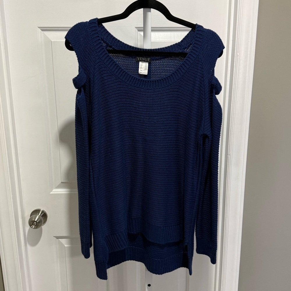 Venus Blue Knit Sweater with Cut-Out Shoulders